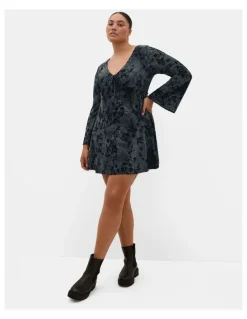 City Chic Devore Flock Print Mini Dress in Smoke