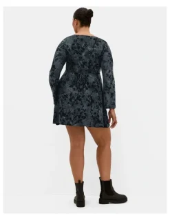 City Chic Devore Flock Print Mini Dress in Smoke