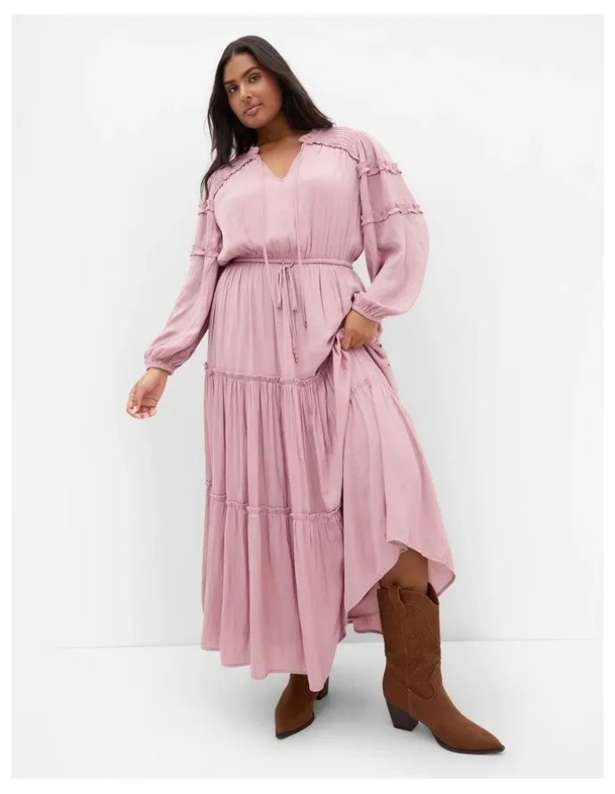 City Chic Drama Queen Long Sleeve Maxi Dress in Dusty Pink
