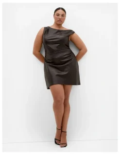 City Chic Elianna Faux Leather Mini Dress in Espresso