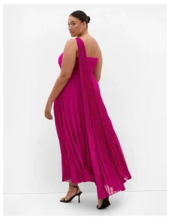 City Chic Eloura One Shoulder Pleat Maxi Dress in Framboise
