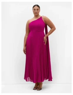 City Chic Eloura One Shoulder Pleat Maxi Dress in Framboise