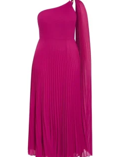 City Chic Eloura One Shoulder Pleat Maxi Dress in Framboise