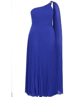 City Chic Eloura One Shoulder Pleat Maxi Dress in Deep Ocean
