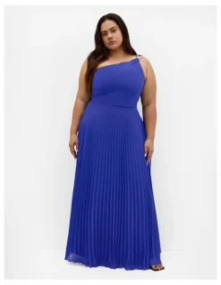 City Chic Eloura One Shoulder Pleat Maxi Dress in Deep Ocean