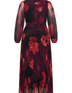 City Chic Gia Floral Print Pleat Dress in Ruby