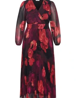 City Chic Gia Floral Print Pleat Dress in Ruby