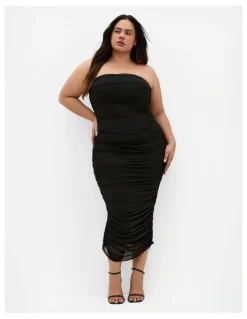 City Chic Halo Strapless Ruched Dress in Black