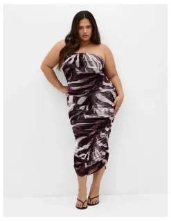 City Chic Halo Strapless Ruched Print Dress in Dark Chocolate