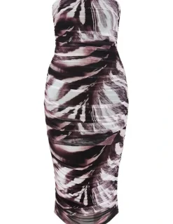 City Chic Halo Strapless Ruched Print Dress in Dark Chocolate