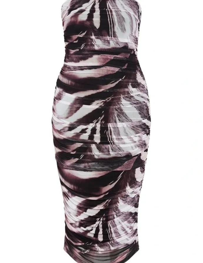 City Chic Halo Strapless Ruched Print Dress in Dark Chocolate