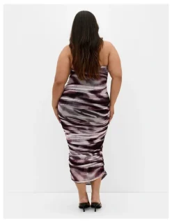 City Chic Halo Strapless Ruched Print Dress in Dark Chocolate