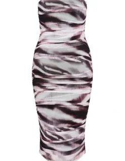 City Chic Halo Strapless Ruched Print Dress in Dark Chocolate