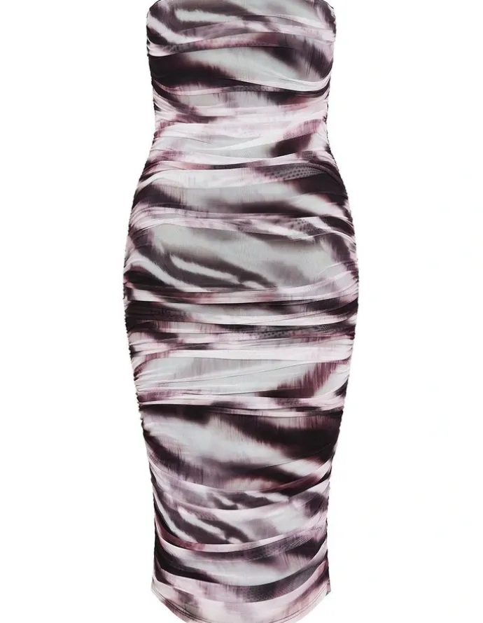 City Chic Halo Strapless Ruched Print Dress in Dark Chocolate