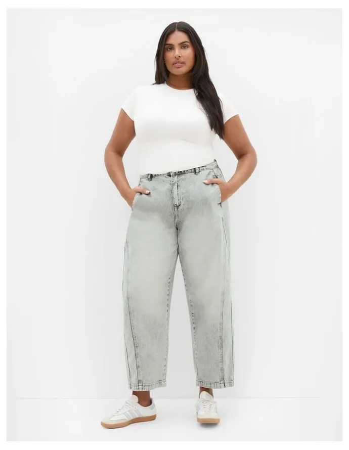 City Chic Harley Fit Tess Barrel Leg Ankle Grazer Jean in Sage Acid Wash