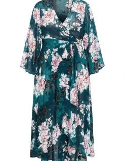City Chic Jade Blossom Long Sleeve Maxi Dress in Jade