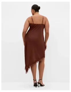 City Chic Lace Trim Asymmetrical Hem Dress in Light Espresso