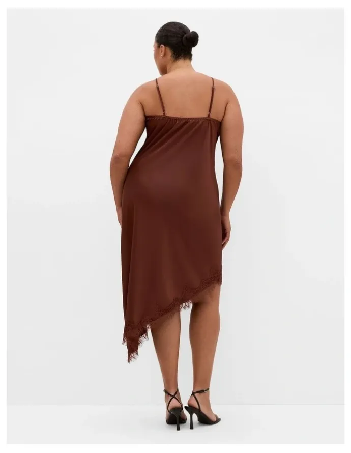 City Chic Lace Trim Asymmetrical Hem Dress in Light Espresso