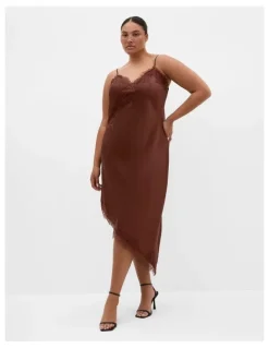 City Chic Lace Trim Asymmetrical Hem Dress in Light Espresso