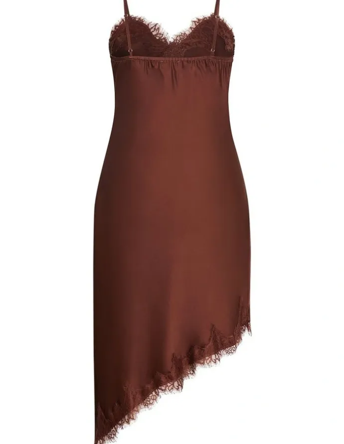 City Chic Lace Trim Asymmetrical Hem Dress in Light Espresso