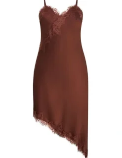 City Chic Lace Trim Asymmetrical Hem Dress in Light Espresso