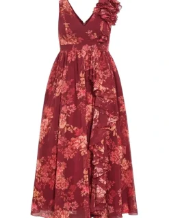 City Chic Mystique Print Ruffle Maxi Dress in Rust