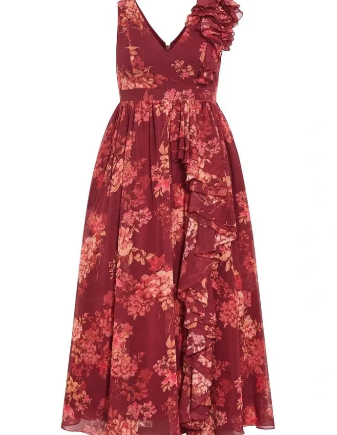 City Chic Mystique Print Ruffle Maxi Dress in Rust