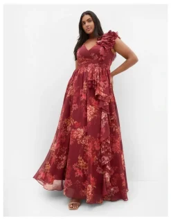 City Chic Mystique Print Ruffle Maxi Dress in Rust