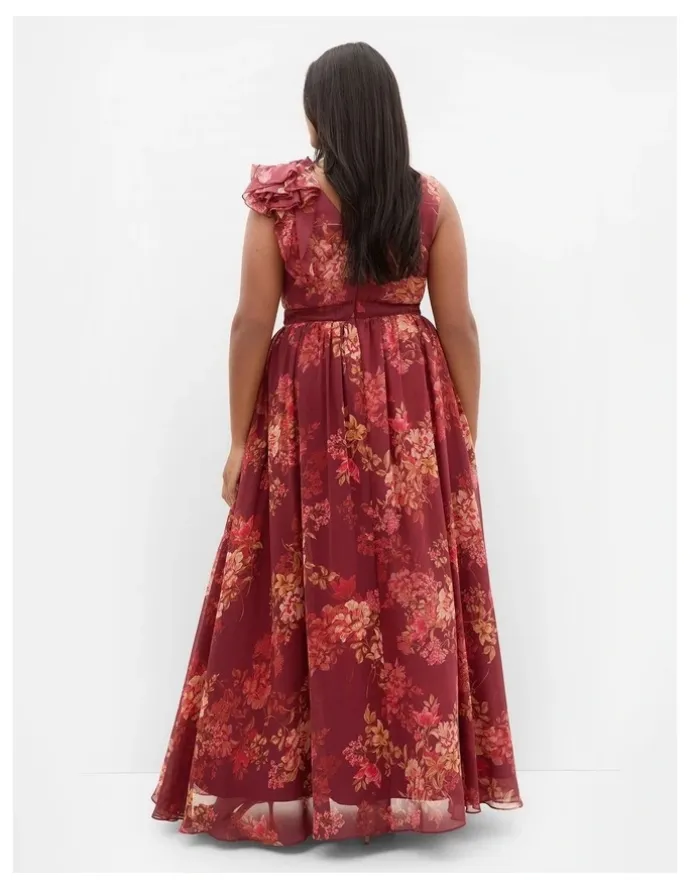 City Chic Mystique Print Ruffle Maxi Dress in Rust