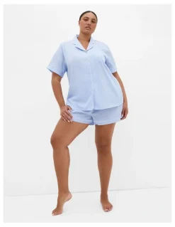 City Chic Plus Size Stripe Cotton Pyjama Short in sky blue