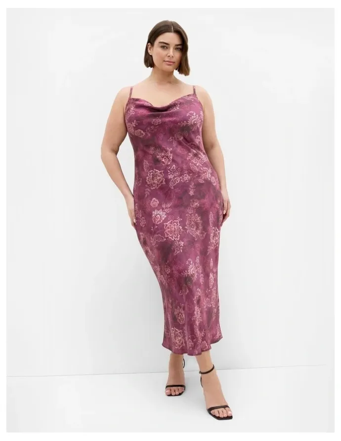 City Chic Sadie Lace Print Slip Dress in Mulberry