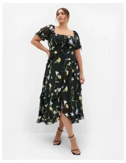 City Chic Shayla Petal Print Maxi Dress in Black