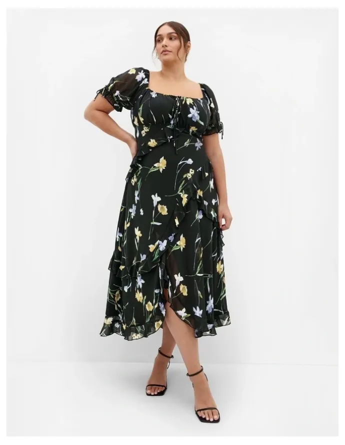 City Chic Shayla Petal Print Maxi Dress in Black