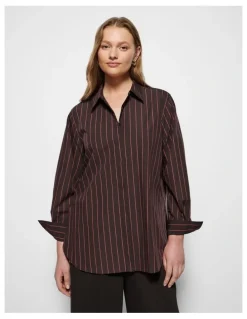 Commonry Good Earth Cotton Demi Shirt in Bitter Chocolate Stripe