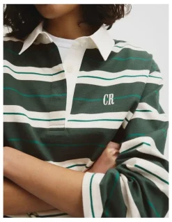 Country Road Australian Cotton Stripe Rugby Polo Sweat in Evergreen Stripe
