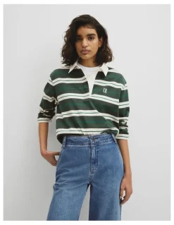 Country Road Australian Cotton Stripe Rugby Polo Sweat in Evergreen Stripe