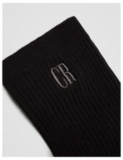 Country Road Australian Cotton Blend CR Ribbed Three Quarter Crew Sock in Black