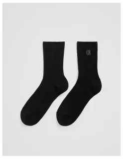 Country Road Australian Cotton Blend CR Ribbed Three Quarter Crew Sock in Black