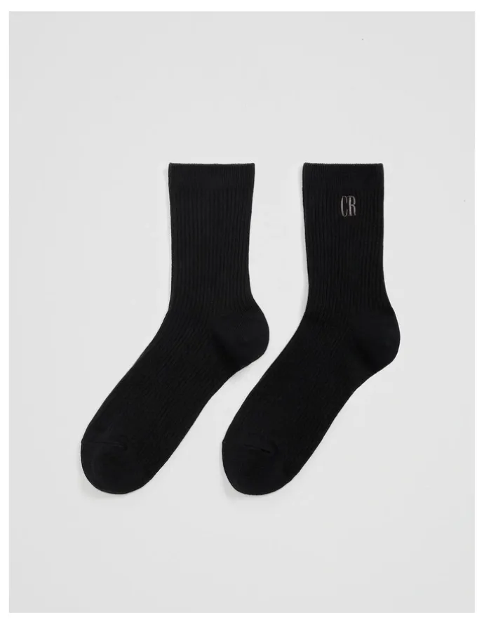 Country Road Australian Cotton Blend CR Ribbed Three Quarter Crew Sock in Black