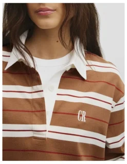 Country Road Australian Cotton Stripe Rugby Polo Sweat in Light Mocha Stripe