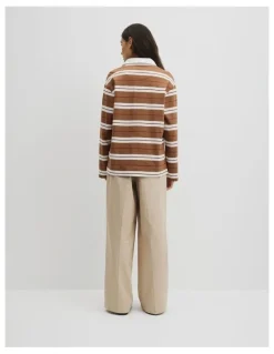 Country Road Australian Cotton Stripe Rugby Polo Sweat in Light Mocha Stripe