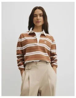 Country Road Australian Cotton Stripe Rugby Polo Sweat in Light Mocha Stripe