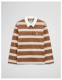 Country Road Australian Cotton Stripe Rugby Polo Sweat in Light Mocha Stripe