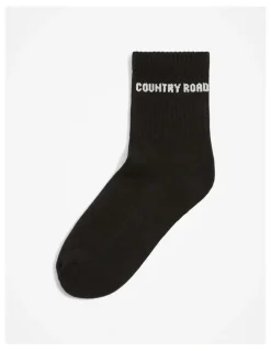 Country Road Australian Cotton Blend CR Sport Quarter Crew Sock in Black