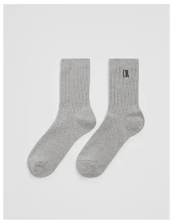 Country Road Australian Cotton Blend CR Ribbed Three Quarter Crew Sock in Grey Marle