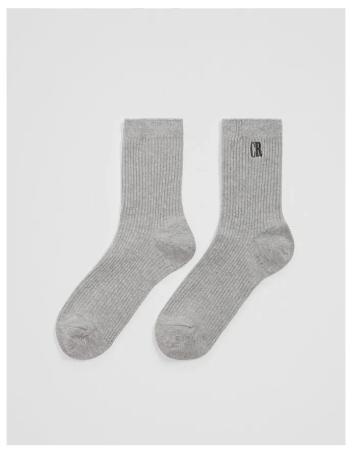 Country Road Australian Cotton Blend CR Ribbed Three Quarter Crew Sock in Grey Marle