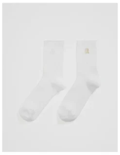 Country Road Australian Cotton Blend CR Ribbed Three Quarter Crew Sock in White