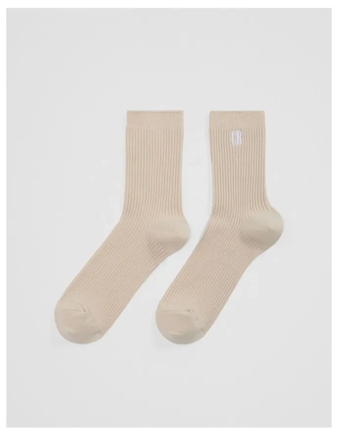 Country Road Australian Cotton Blend CR Ribbed Three Quarter Crew Sock in Pebble