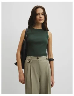 Country Road Australian Cotton High Neck Tank in Evergreen