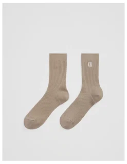 Country Road Australian Cotton Blend CR Ribbed Three Quarter Crew Sock in Cobblestone